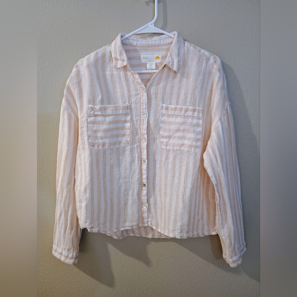 C & C California Women's 100% Linen Striped Button Front Top Blouse Pockets M